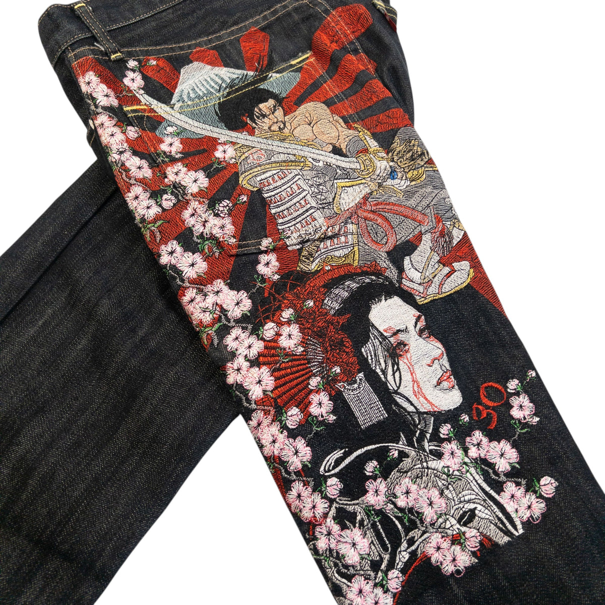 Vintage 2000s Sugoi Embroidered Samurai Geisha Japanese Denim Jeans Size W29 | W29, Black