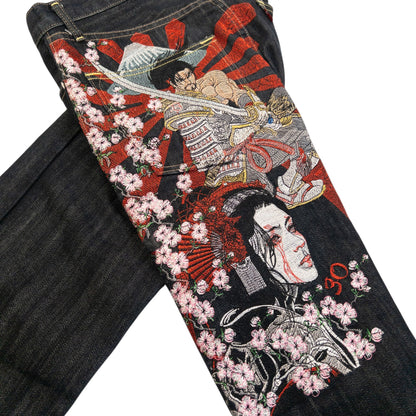Vintage 2000s Sugoi Embroidered Samurai Geisha Japanese Denim Jeans Size W29 | W29, Black
