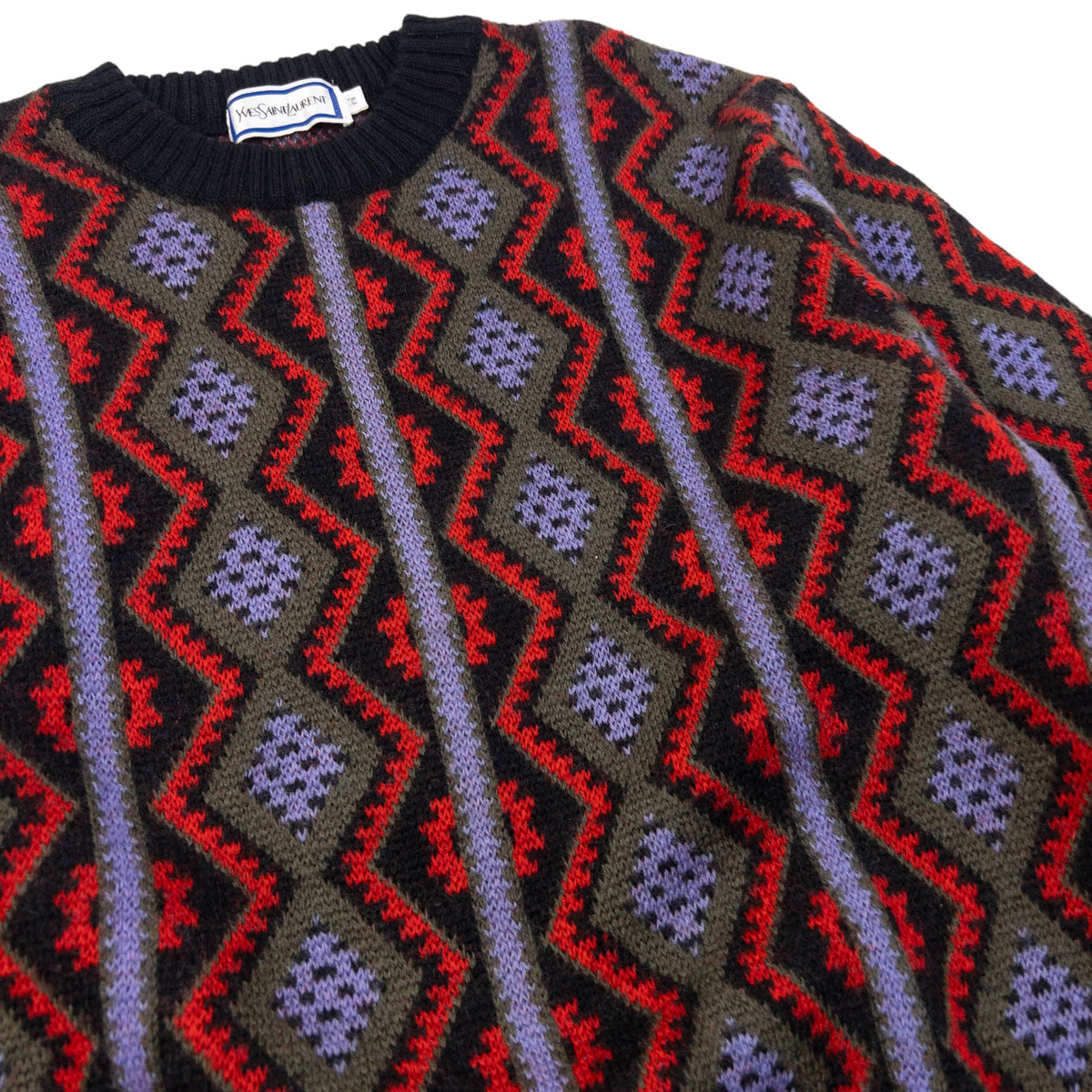 Vintage 80s YSL Yves Saint Laurent Pattern Knit Wool Jumper Size S | Small, Black, Red, Purple, Olive