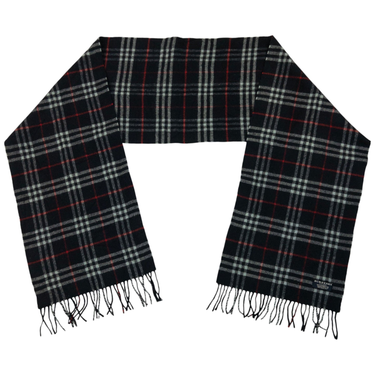 Vintage 2000s Burberry Nova Check Lambswool Tassel Scarf | O/S, Navy