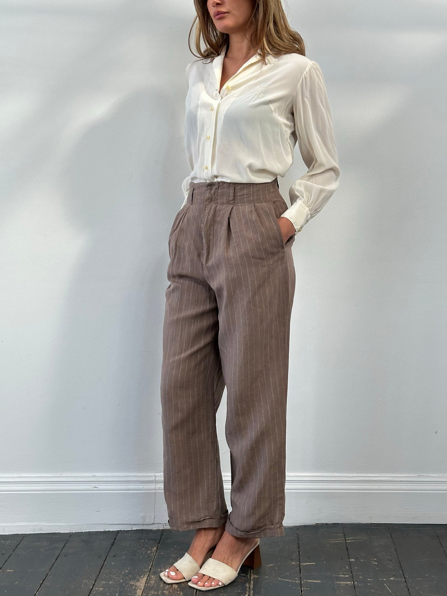 Jigsaw 1990s Pure Linen Striped Wide Leg Trousers - W27