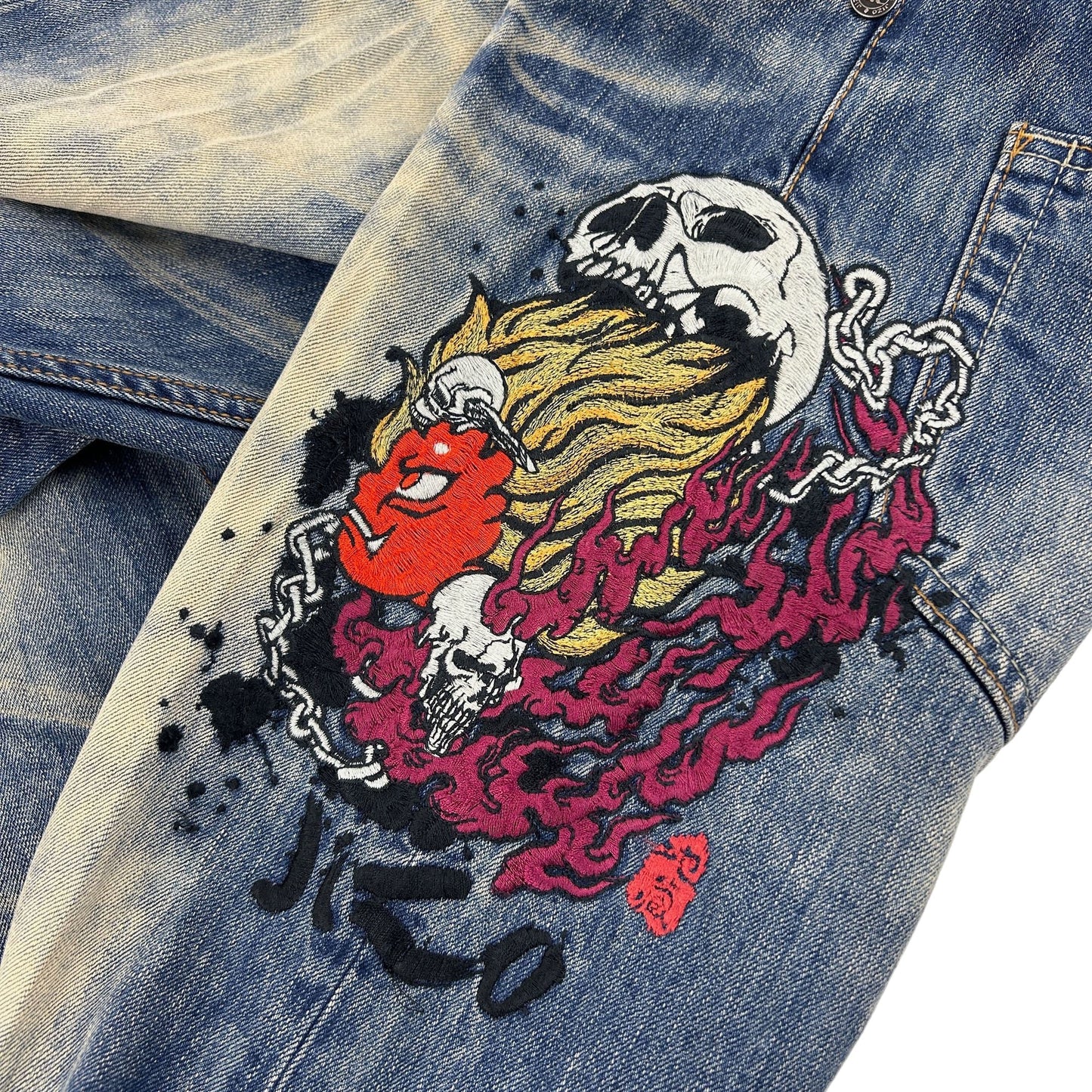 Vintage Monster Jizo Japanese Embroidered Denim Jeans Size W31