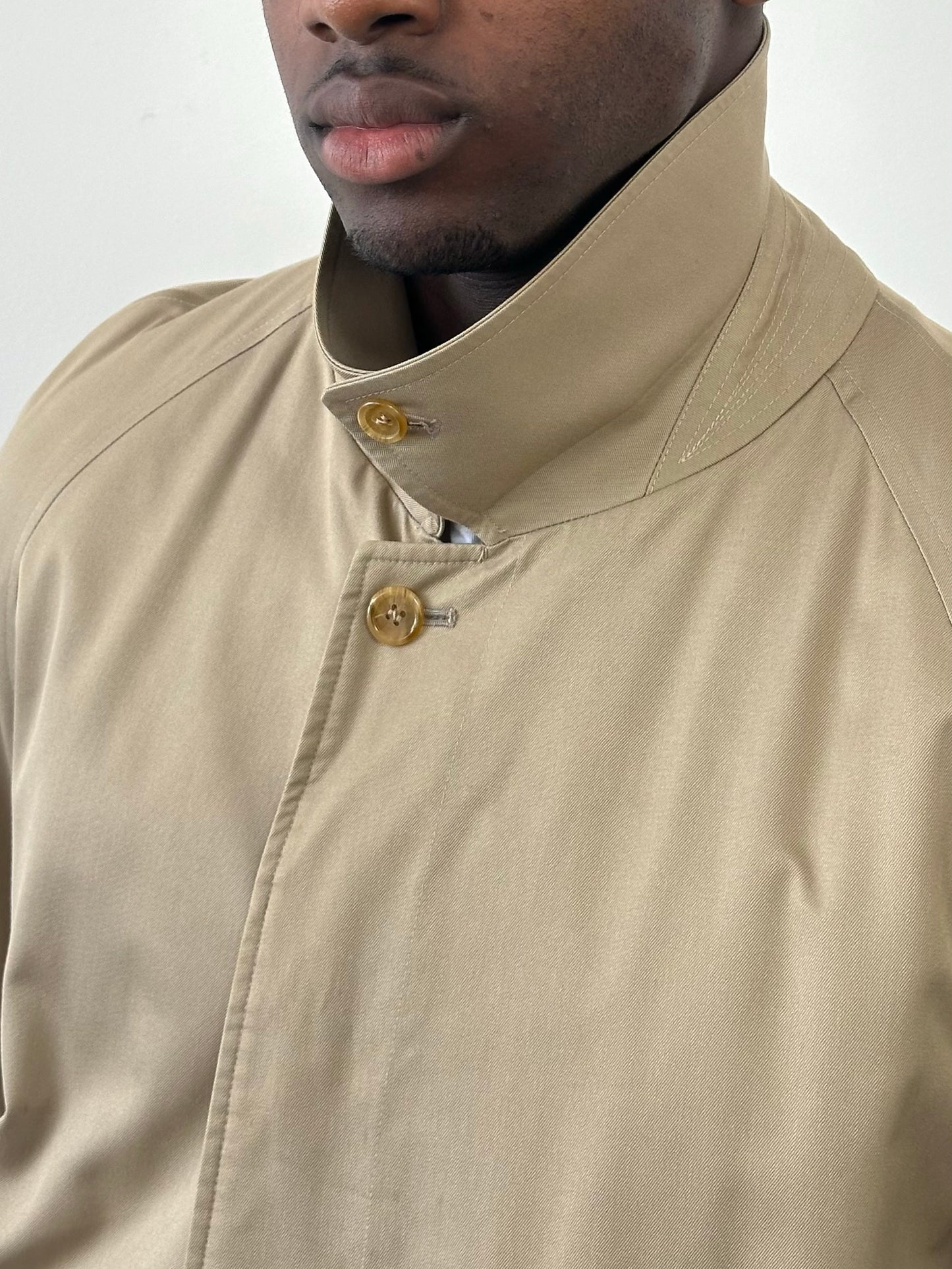 Burberry 1990s pure cotton high neck trench coat in beige, men's size M, featuring classic collar and button details.
