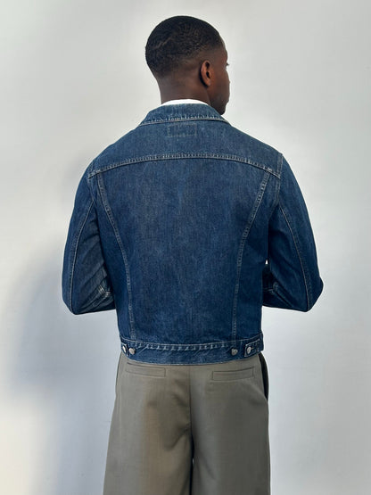 Armani Jeans 1990s pure cotton denim jacket, men's size M, classic blue denim with button closure and chest pockets.