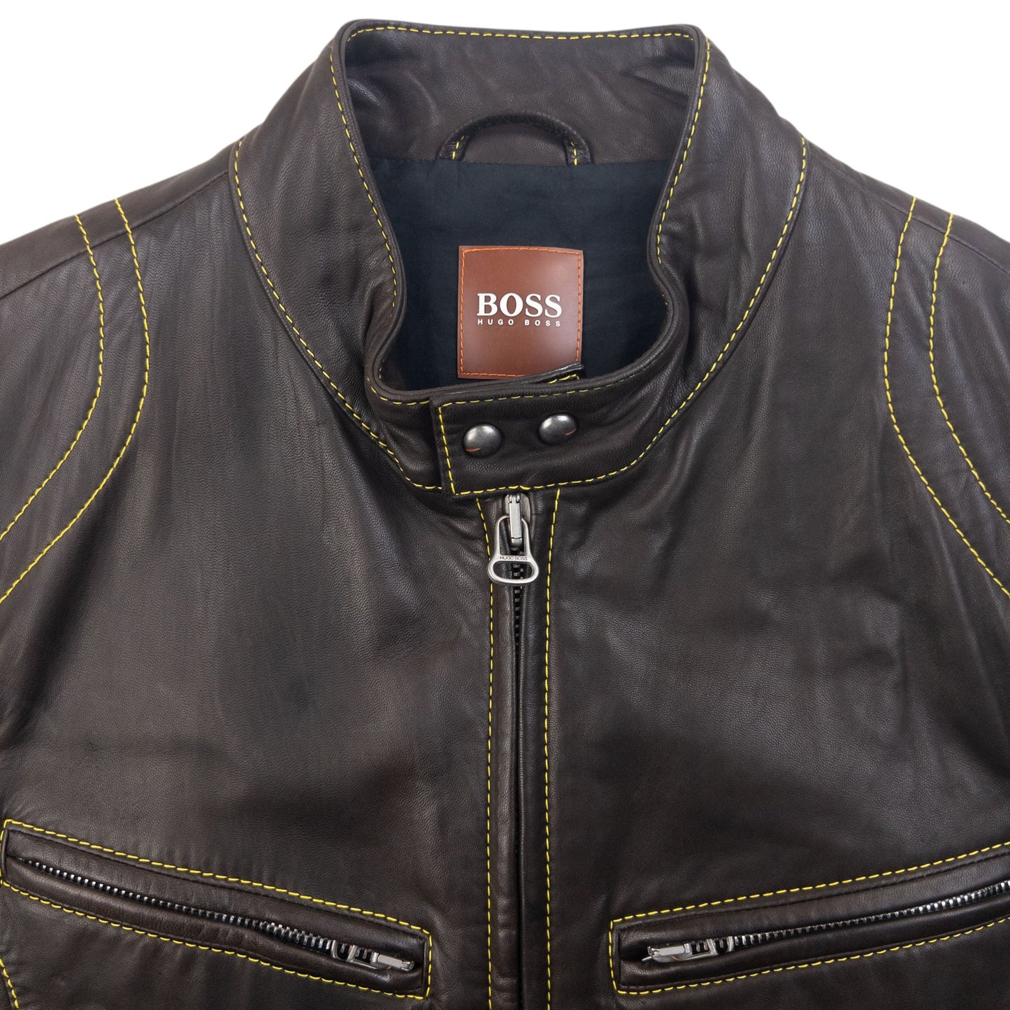 Vintage 90s Hugo Boss Contrast Stitching  Leather Jacket Size L | Large, Brown