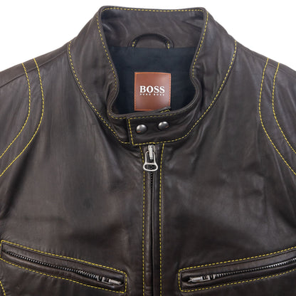 Vintage 90s Hugo Boss Contrast Stitching  Leather Jacket Size L | Large, Brown