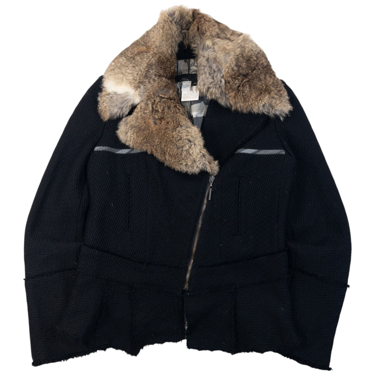 Vintage 2005 Cavalli Rabbit Fur Collar Asymmetrical Wool Jacket Womens Size L | Large, Black