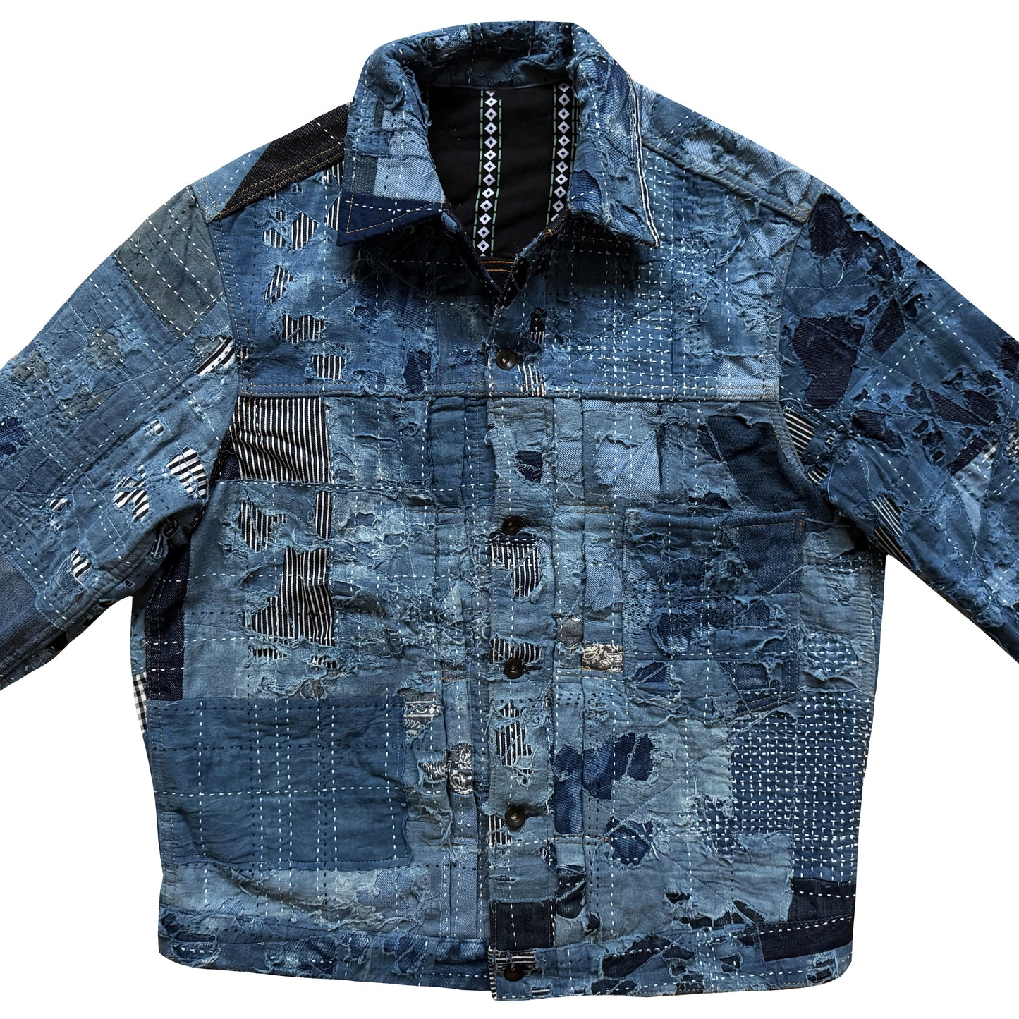 Indigo Boro Sashiko Distressed Denim Trucker Jacket - XL