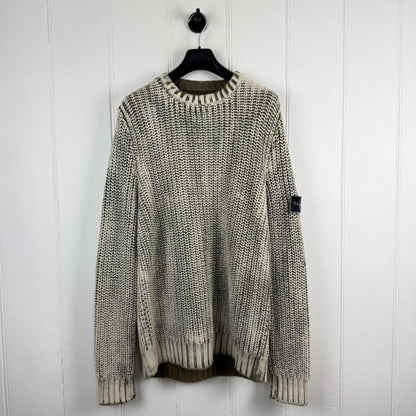 Stone Island Hand Corrosion Cable Knit Jumper Green/Cream (XXL) | XXL, Multicoloured