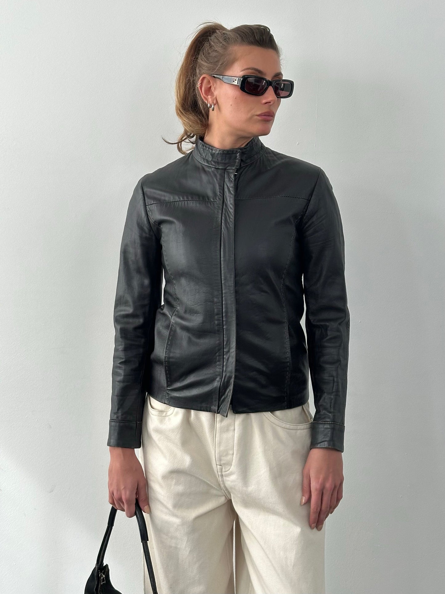 Italian Vintage 1990s Fitted High Neck Leather Jacket - XS