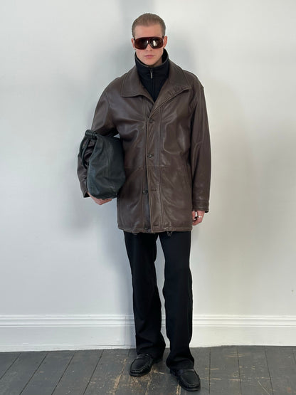 Vintage 1990s Leather Funnel Neck Jacket - XL