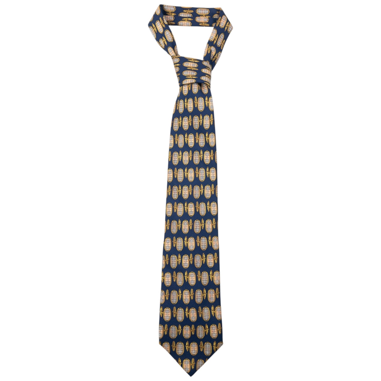 Vintage 80s Burberry Nova Check Cuff Link Print Silk Tie | O/S, Navy
