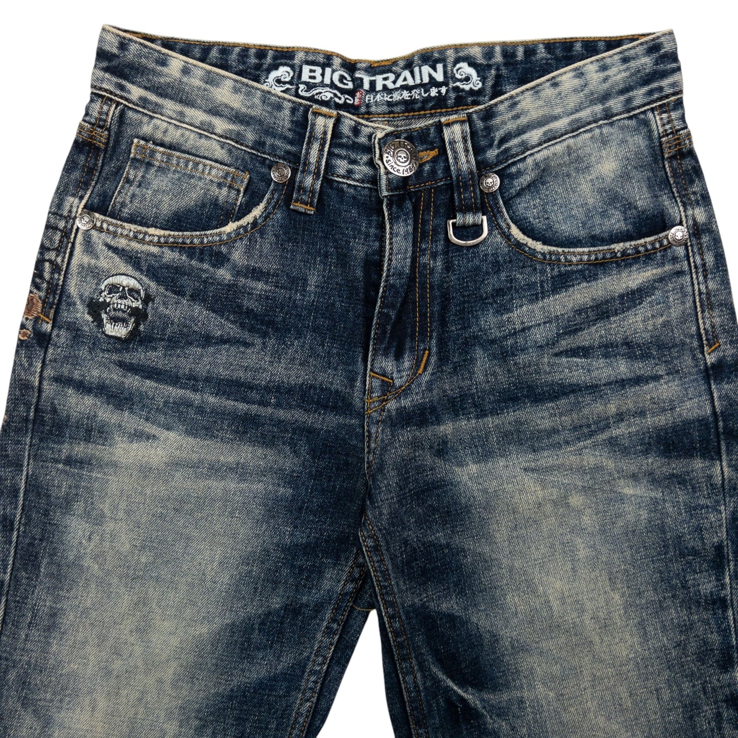 Vintage Big Train Embroidered Pirate Skull Japanese Denim Jeans Size W30