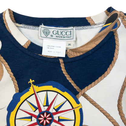 Vintage 80s Gucci Nautical Map Print Dress Womens Size M | Medium, Tan