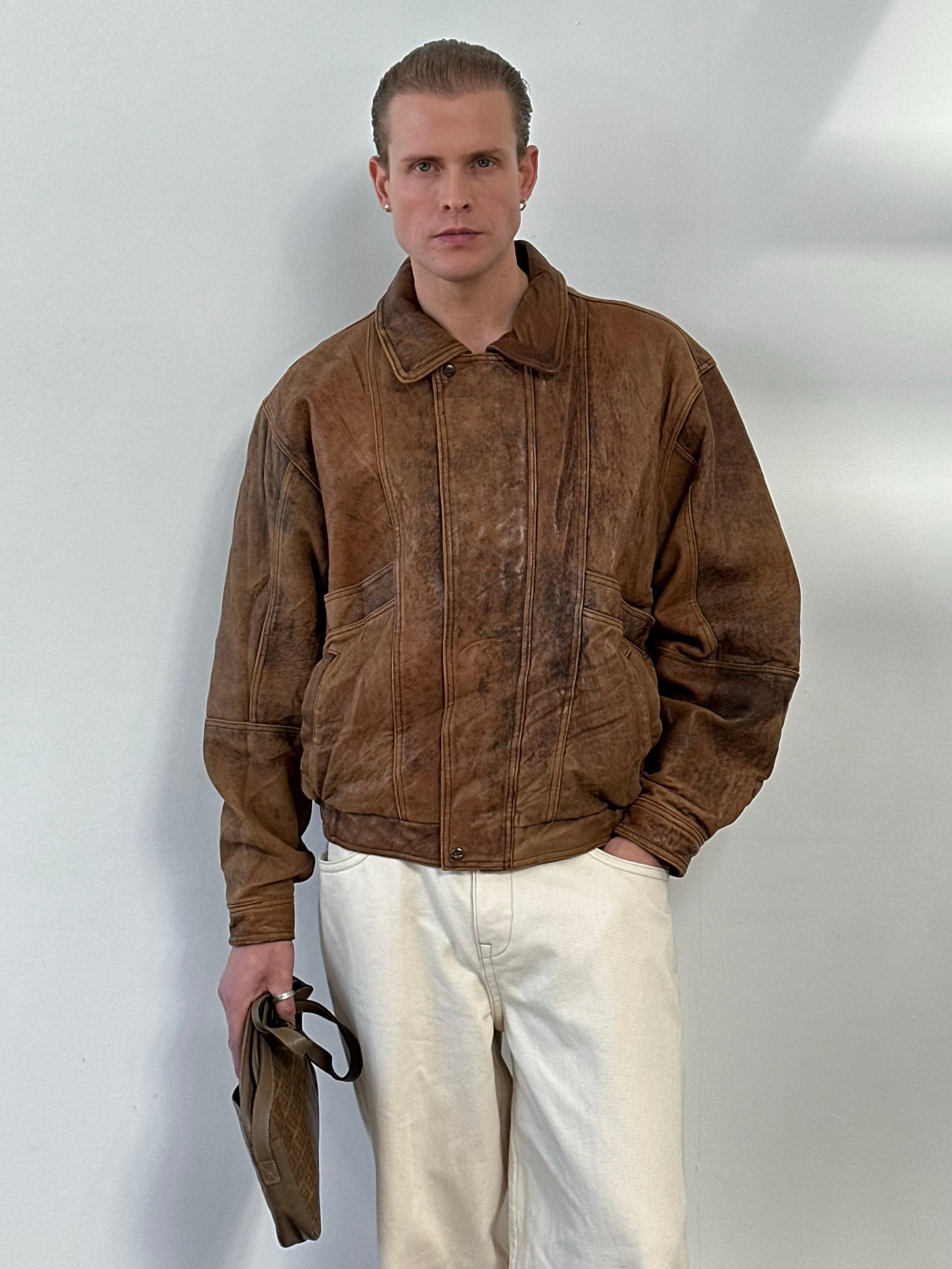 Vintage 1990s Aged Leather Bomber Jacket - XL