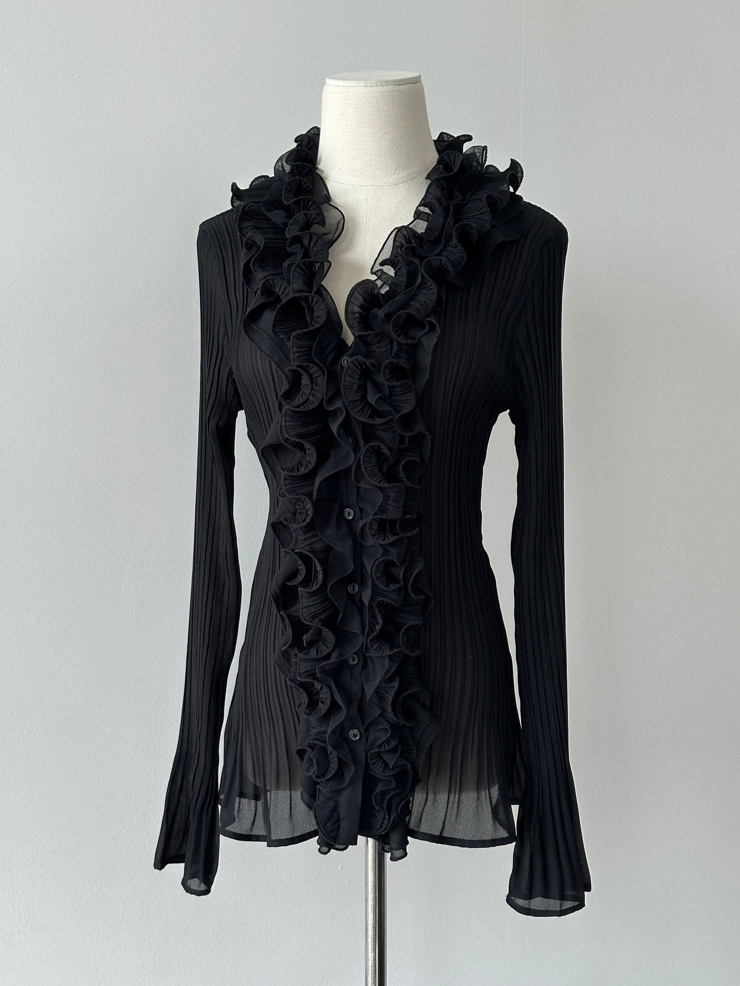 Vintage 1990s Pleated Sheer Ruffle Shirt - M