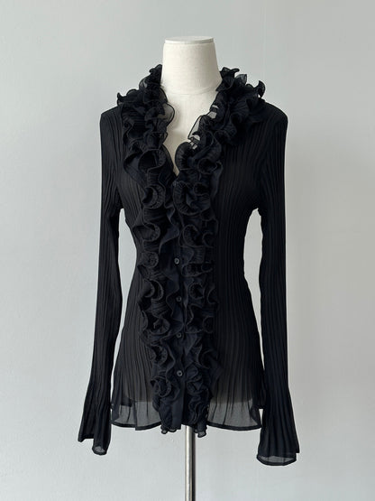 Vintage 1990s Pleated Sheer Ruffle Shirt - M