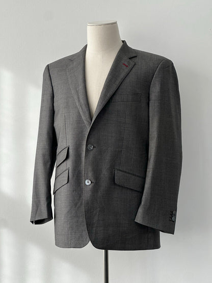 Loro Piana 1990s pure wool blazer with high neck, contrast collar, size 40R, shown on a hanger.