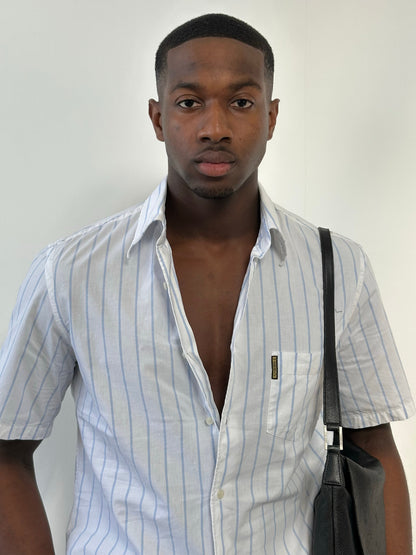 Armani Jeans 2000s pure cotton striped short sleeve shirt in size M, featuring classic design and brand logo.