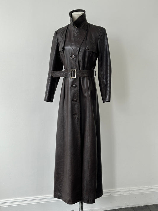 Vintage 1990s Leather Belted Floor Length Trench Coat - S
