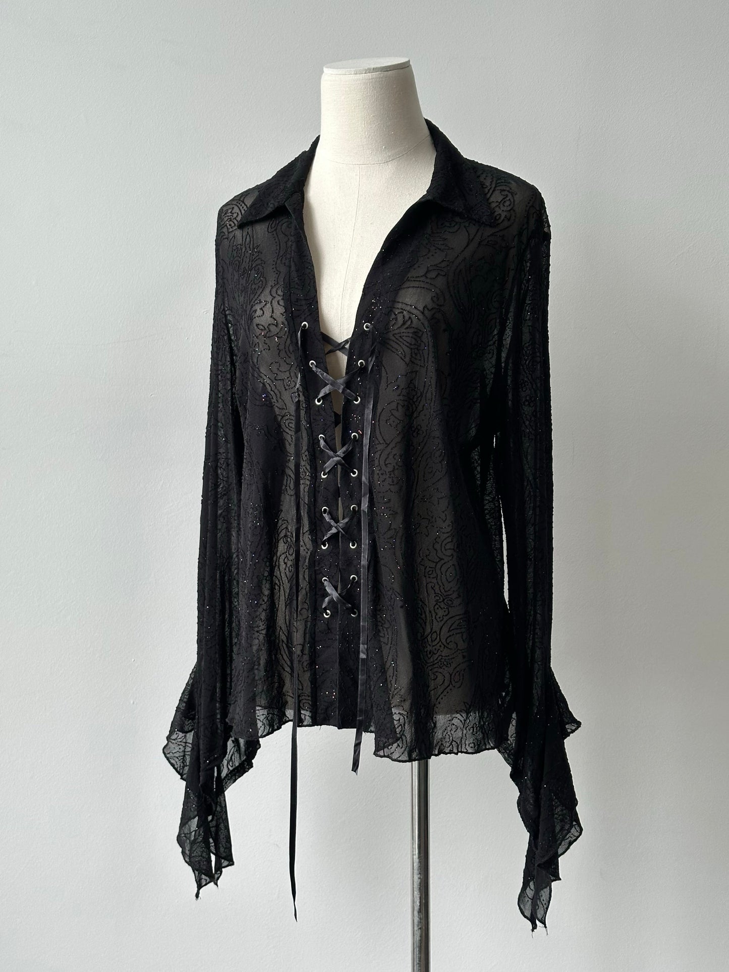 Vintage 1990s Sheer Lace Up Glittery Shirt - M-L