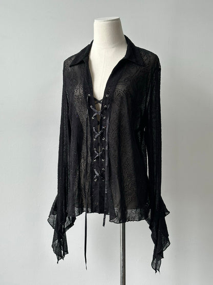Vintage 1990s Sheer Lace Up Glittery Shirt - M-L