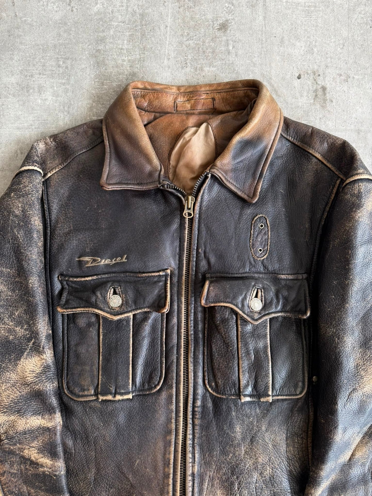 1990's Diesel Distressed Brown Leather Bomber Jacket | Large, Brown