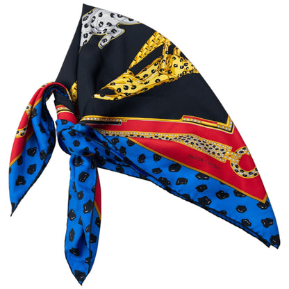 Vintage 90s Cartier Panther Print Silk Scarf | O/S, Black, Blue, Red, Yellow