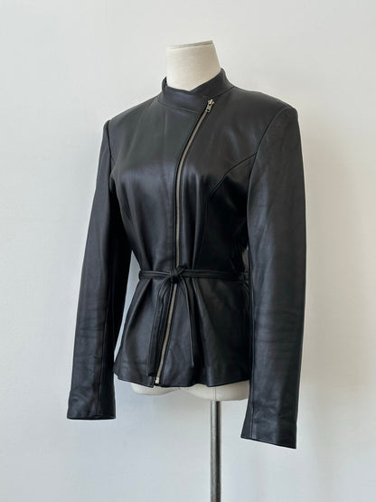 Vintage 1990s Asymmetric Belted Leather Jacket - S
