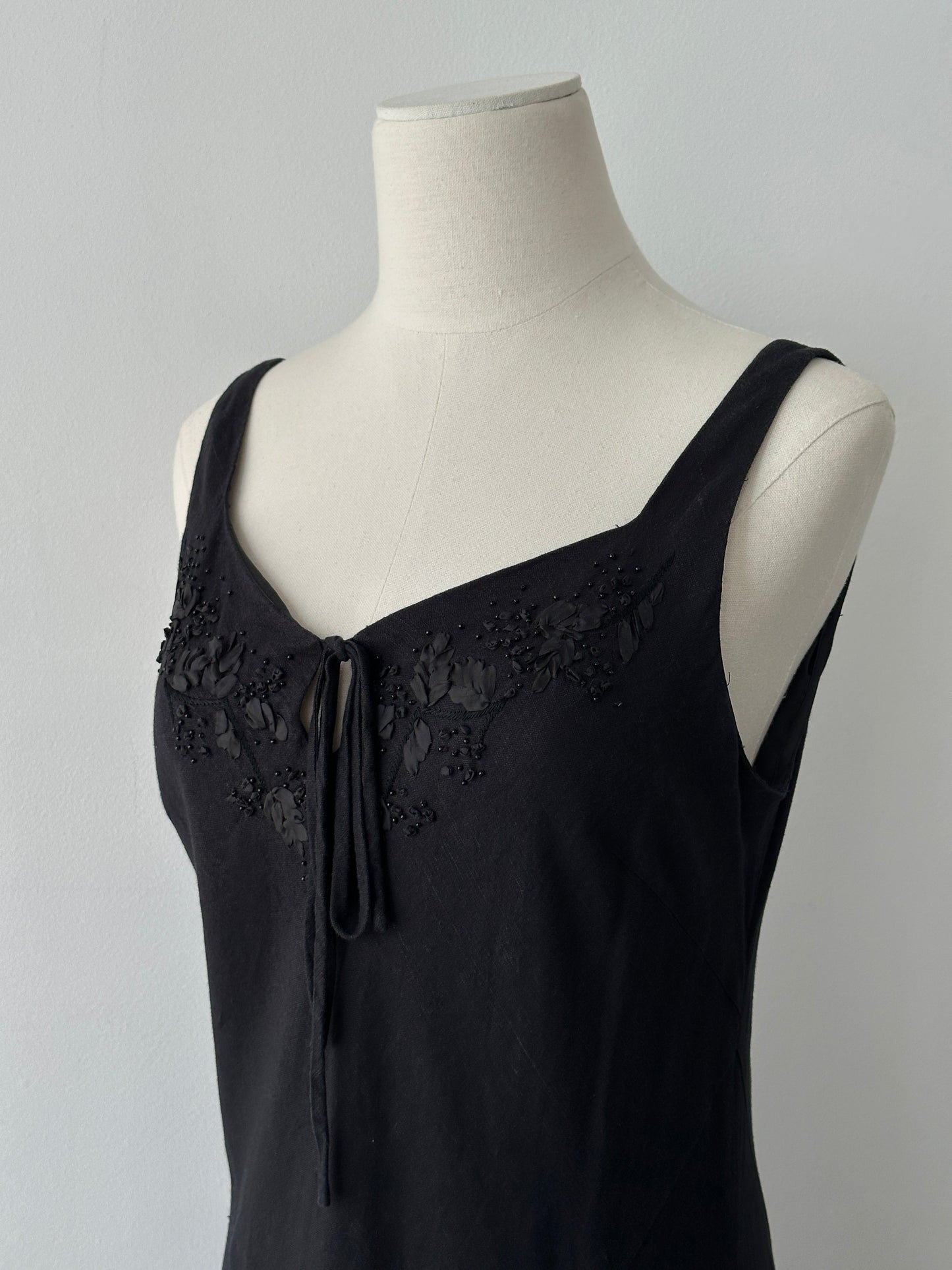 Vintage 1990s Linen Beaded Floor Length Dress - S