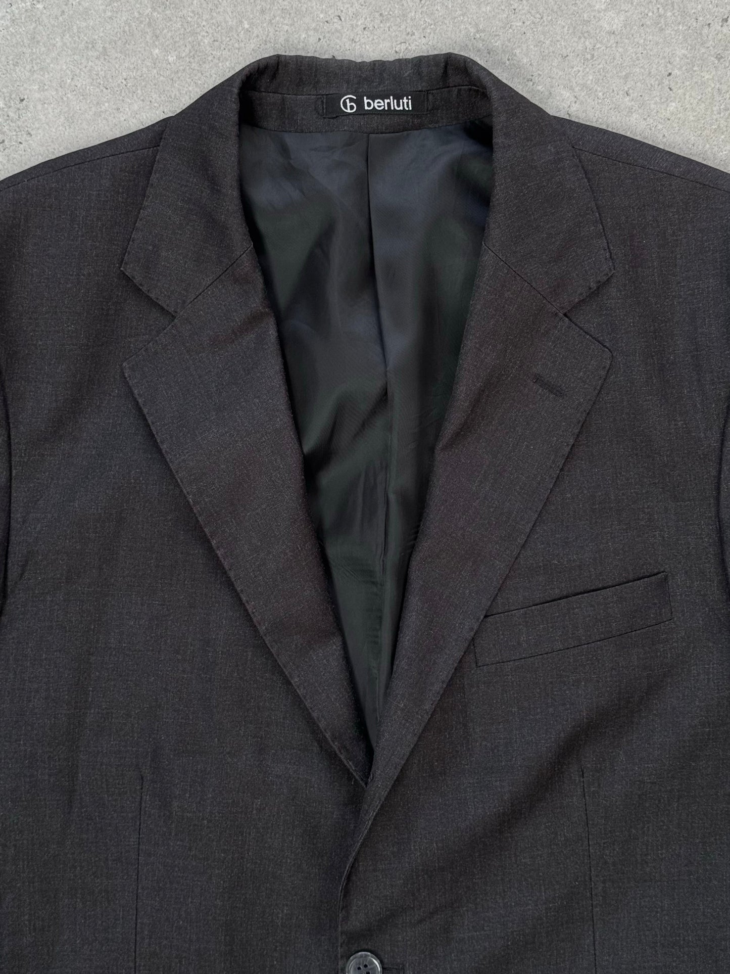 Loro Piana x Berluti 2000s pure wool single-breasted blazer in size L/XL, shown on a hanger with a tailored fit and classic lapel.