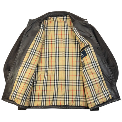 Vintage 2000s Burberry Nova Check Lined Leather Jacket Size XL | XL, Brown