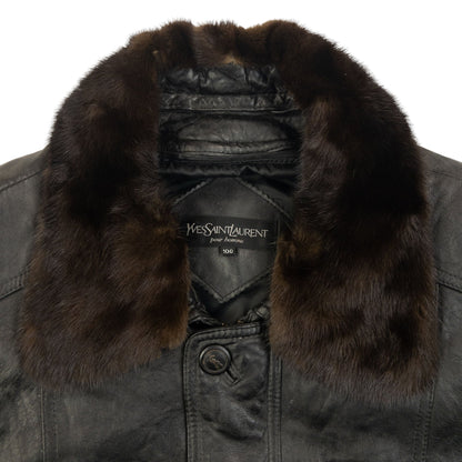 Vintage 90s YSL Yves Saint Laurent Fur Collar Leather Jacket Size L | Large, Black