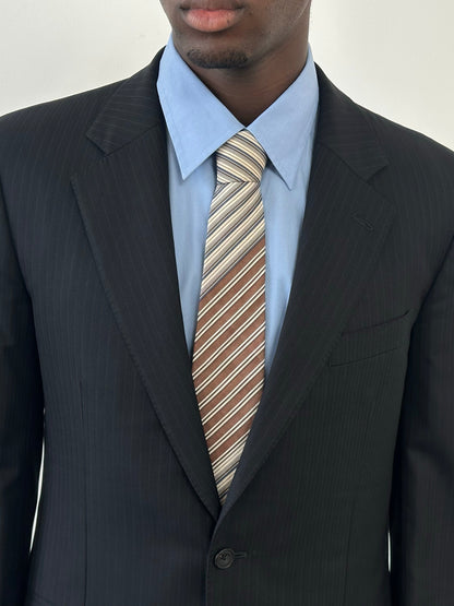 Christian Dior Monsieur 1990s pure silk striped tie, showcasing elegant blue and white diagonal stripes and classic craftsmanship.