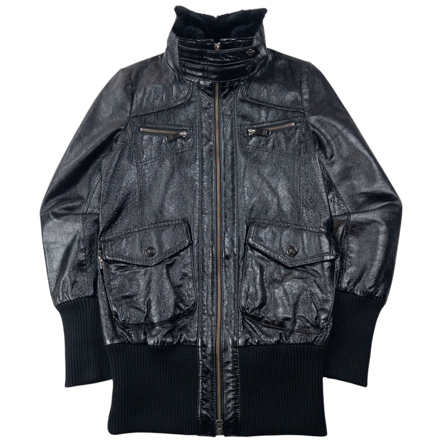 Vintage 2000s Burberry Fur Collar Nova Check Lined Leather Jacket Womens Size L | Large, Black