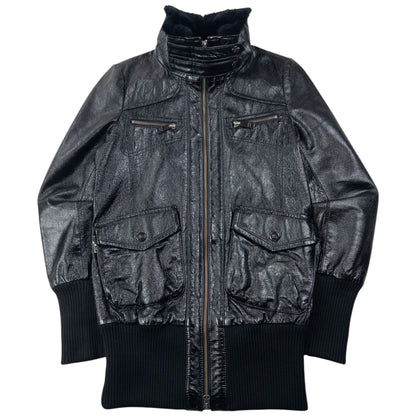 Vintage 2000s Burberry Fur Collar Nova Check Lined Leather Jacket Womens Size L | Large, Black