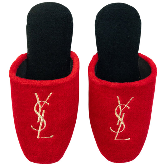 Vintage 80s YSL Yves Saint Laurent Embroidered Fleece Slippers Womens Size 6 | ONE SIZE, Gold