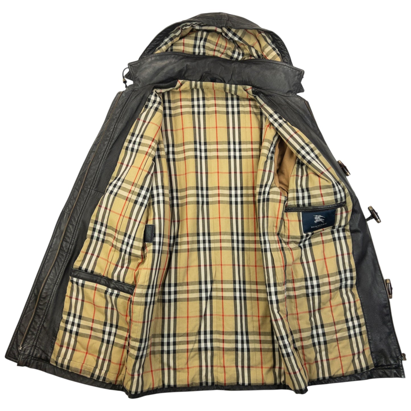 Vintage 2000s Burberry Nova Check Lined Leather Duffle Jacket Size M | O/S, Black