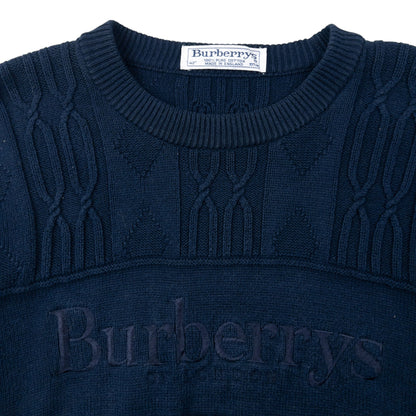 Vintage 90s Burberry Embroidered Knit Jumper Size M | Medium, Navy