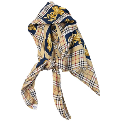 Vintage 80s Burberry Nova Check Royal Print Silk Scarf | O/S, Beige, Navy, Gold, Red