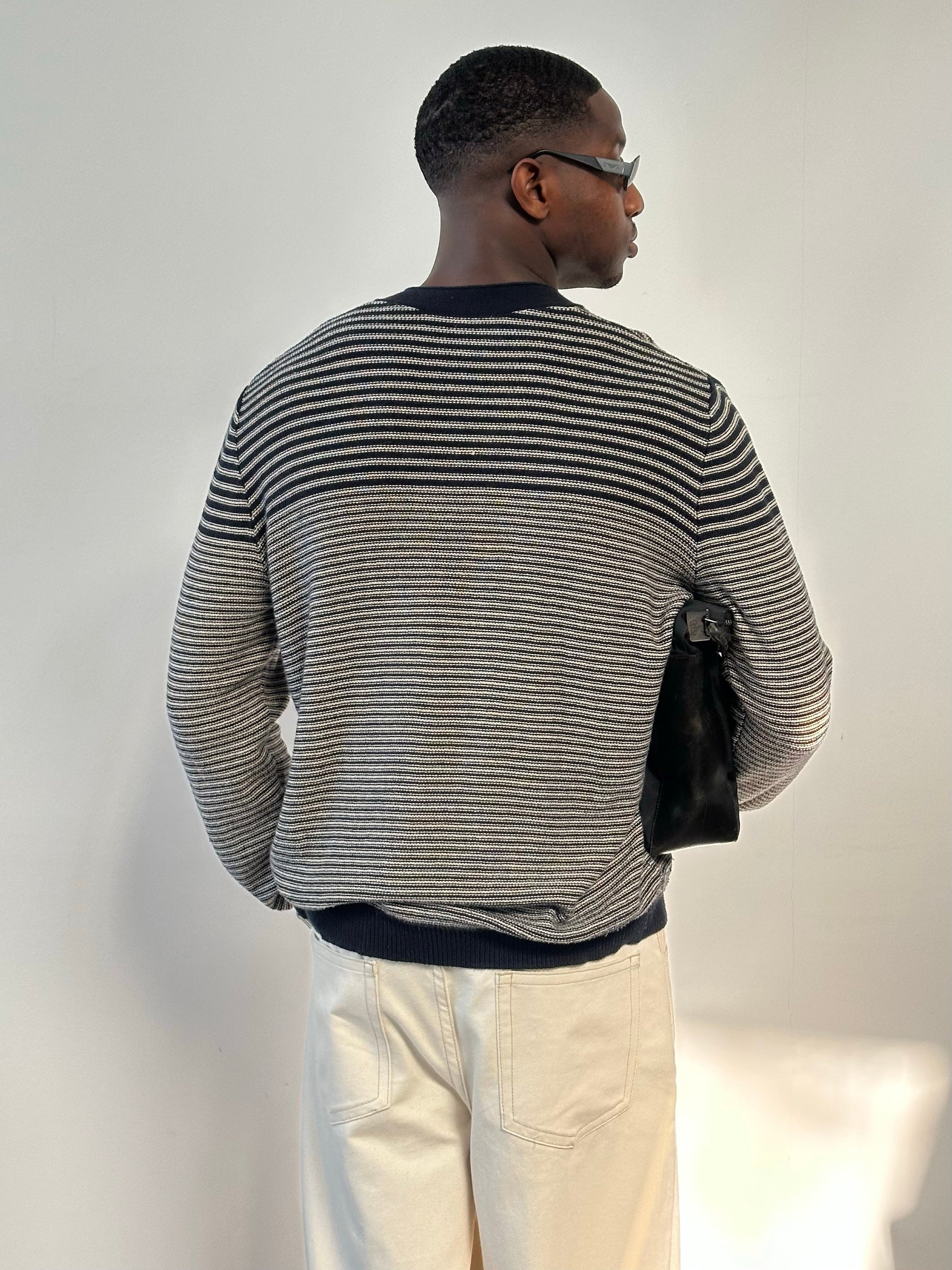 Hugo Boss 2000s pure cotton striped Henley jumper in XL, featuring a classic crew neck and multicolor horizontal stripes.
