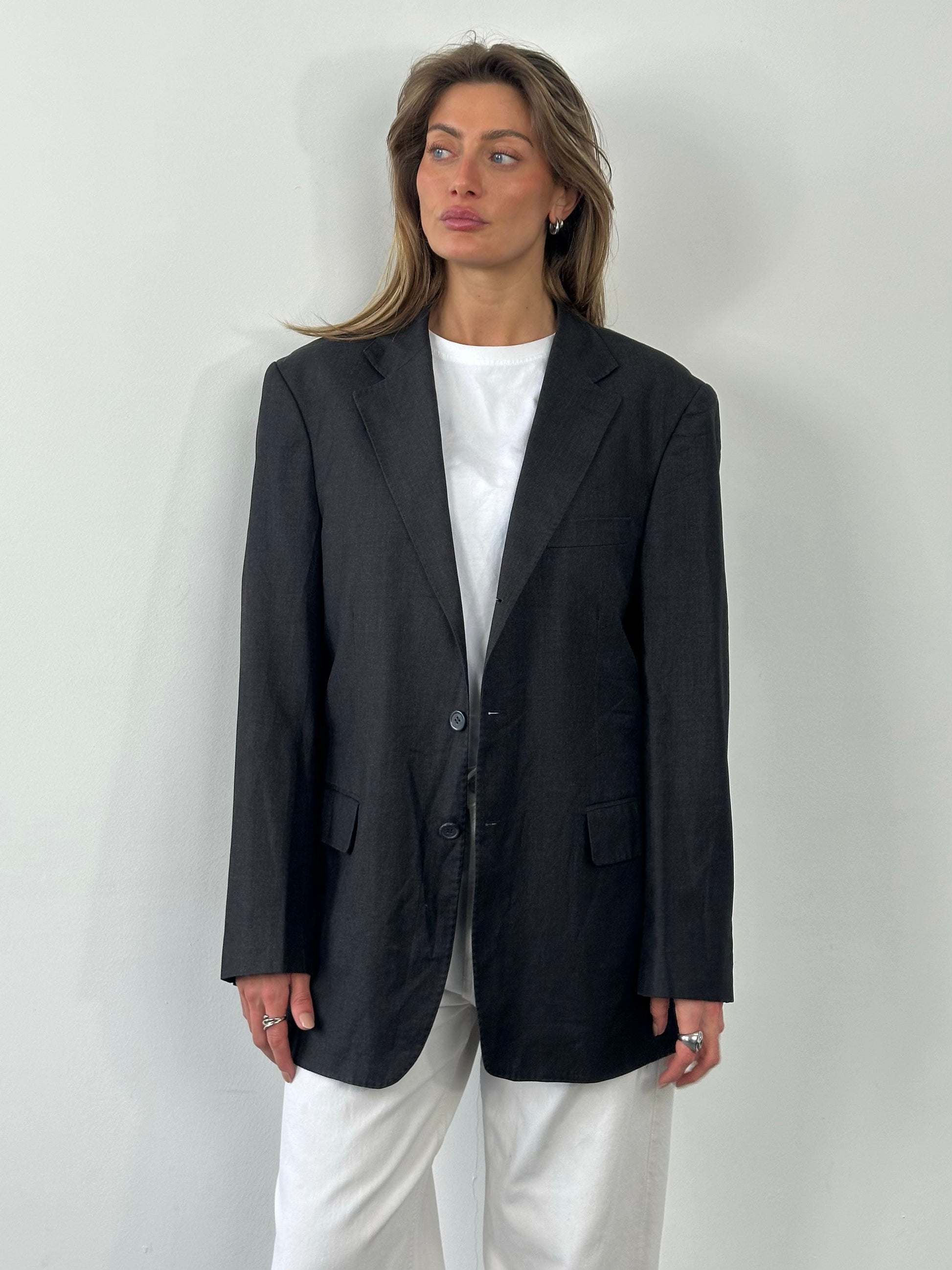 Loro Piana x Berluti 2000s pure wool single-breasted blazer in size L/XL, shown on a hanger with a tailored fit and classic lapel.