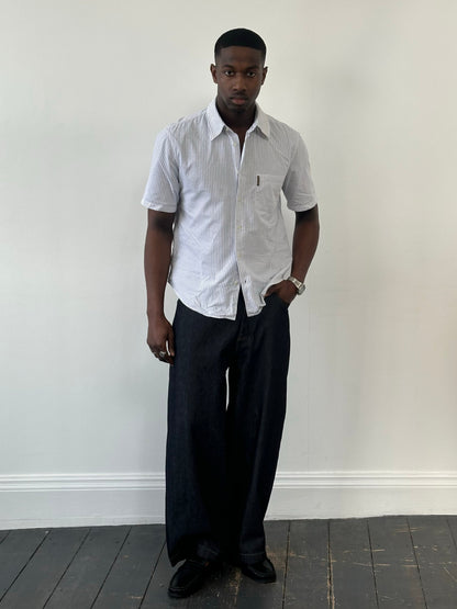 Armani Jeans 2000s pure cotton striped short sleeve shirt in size M, featuring a classic design and button-down collar.