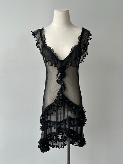Vintage 2000s Sheer Ruffle Top - S-L
