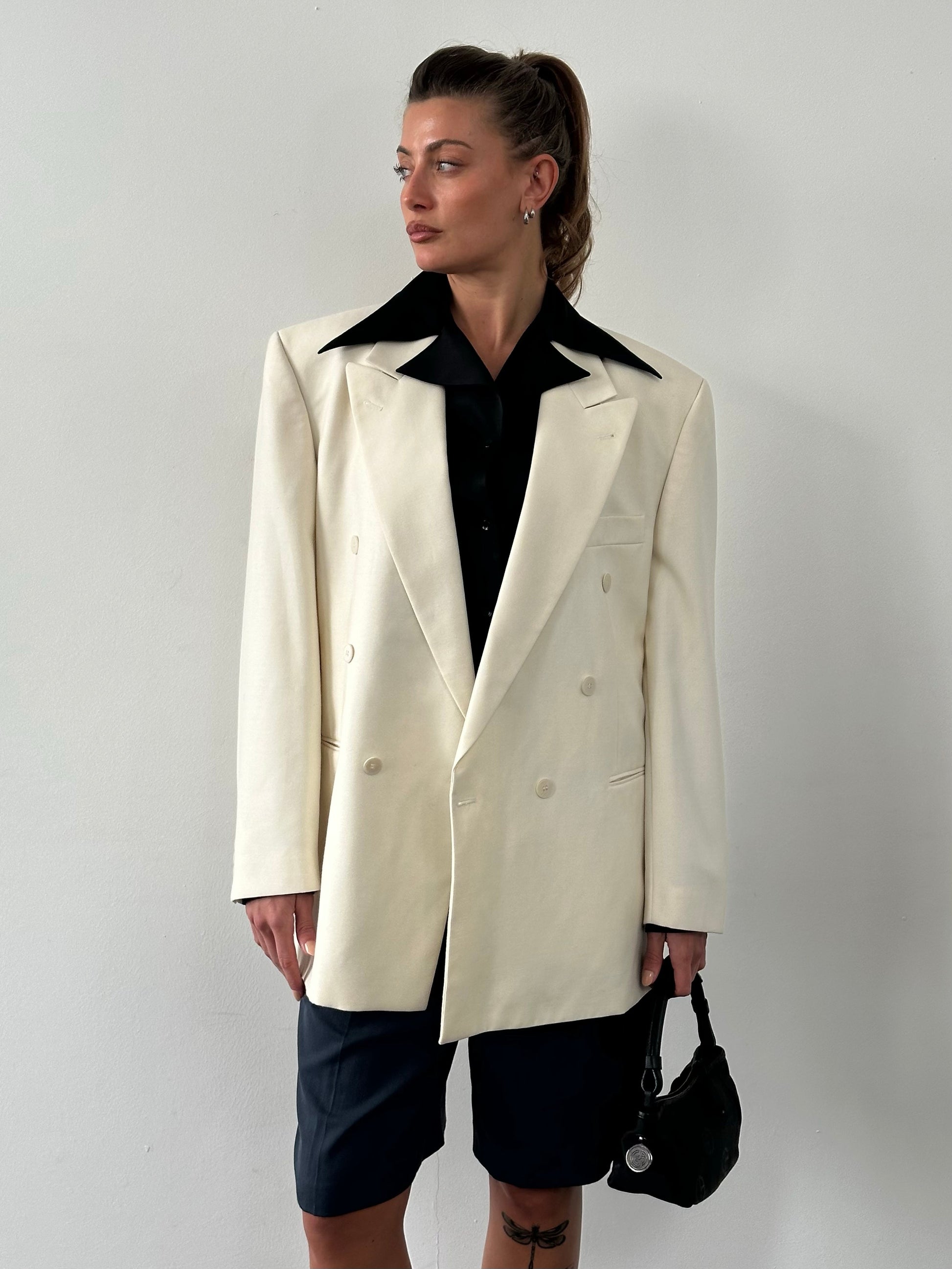Vintage1990s Pure Wool Double Breasted Tuxedo Blazer - 46R