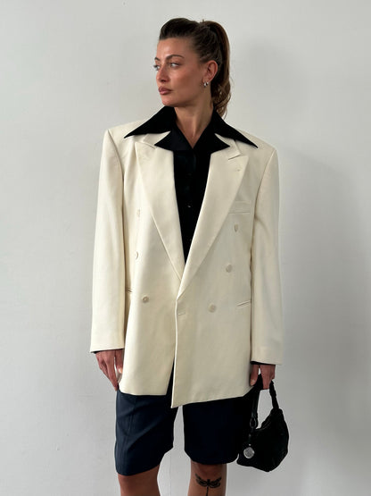 Vintage1990s Pure Wool Double Breasted Tuxedo Blazer - 46R
