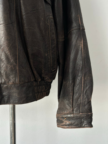 Vintage 1990s Distressed Leather Bomber Jacket - XL