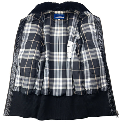 Vintage 2000s Burberry Fur Collar Nova Check Lined Leather Jacket Womens Size L | Large, Black