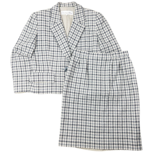 Vintage 90s Dior Checkered Wool Jacket & Skirt Suit Set Womens Size S | Small, Grey