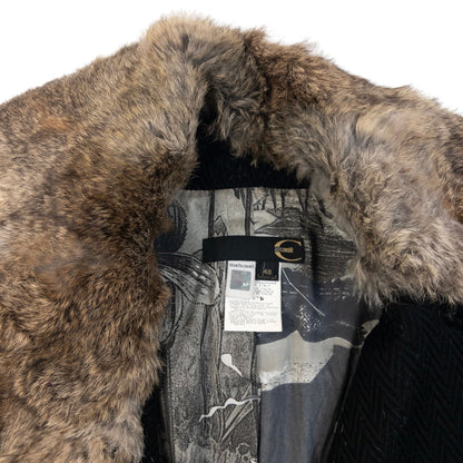 Vintage 2005 Cavalli Rabbit Fur Collar Asymmetrical Wool Jacket Womens Size L | Large, Black